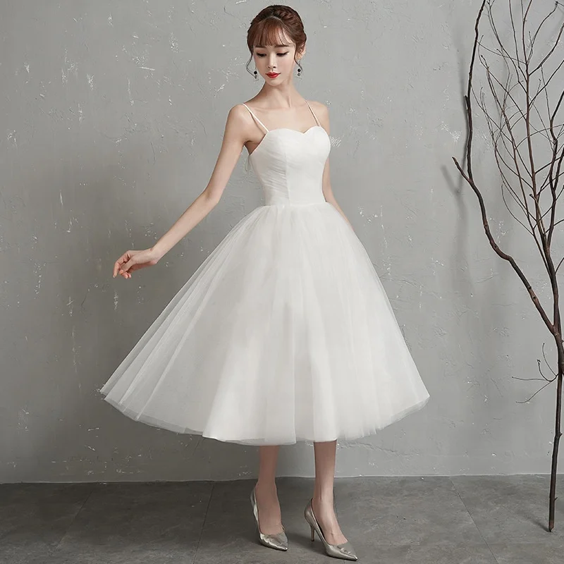 

In Stock Bride Dress Sleeveless Pleats Tulle Short Wedding Dresses, Picture color