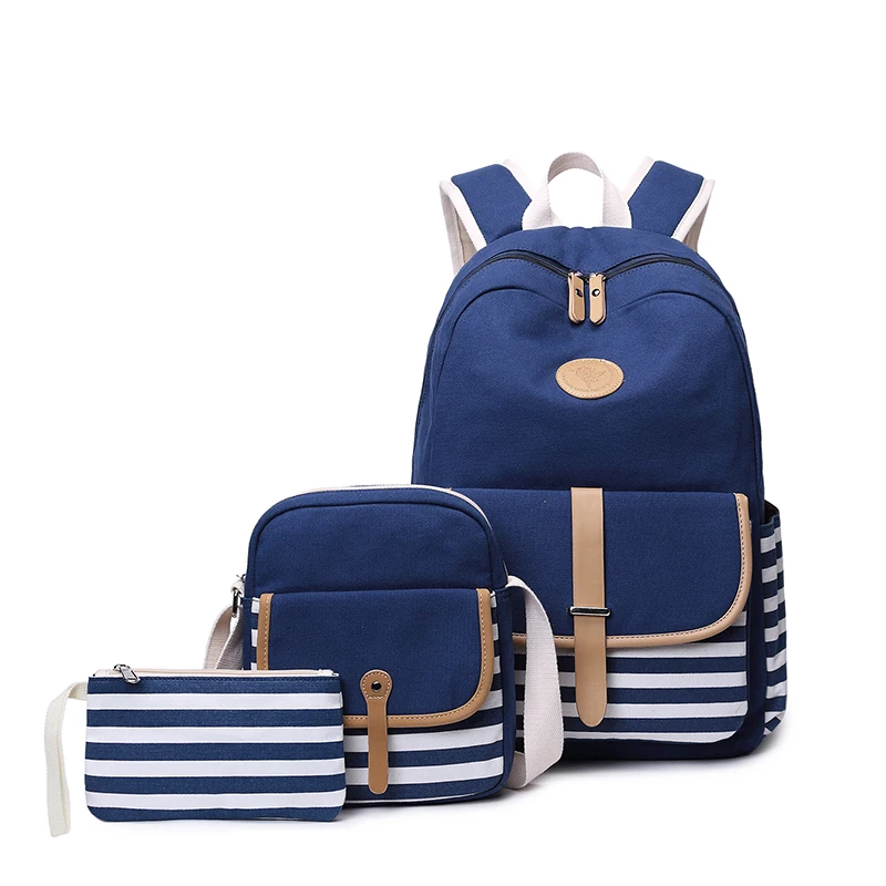 

Custom logo design waterproof canvas striped backpack bag set for school college 3 in 1, Black,deep blue,pink,green,red, hot pink,army green or customized