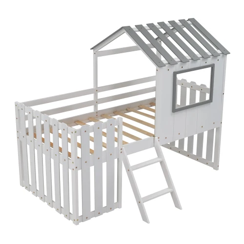 

2021 Loft House Bed with Rustic Fence-Shaped Guardrail, As picture
