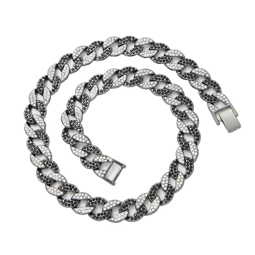 

Men's 15MM Bling Rhinestone Necklace Hip hop Wholesale Clear Black Cuban Link Chain Necklace