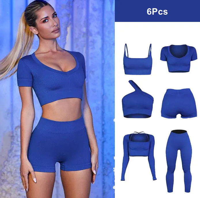 

High Quality Fitness & Yoga Wear 6 PCS Women Ribbed Yoga Set Legging Bra Set Seamless Yoga Set