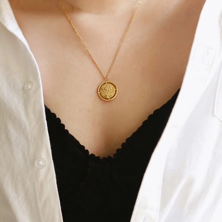 

Hollow edge flower Rose signet Necklace Medallion Coin Pendant Round Circle Disk Dainty Necklace Titanium Steel Plated 18K Gold, Optional as picture,or customized