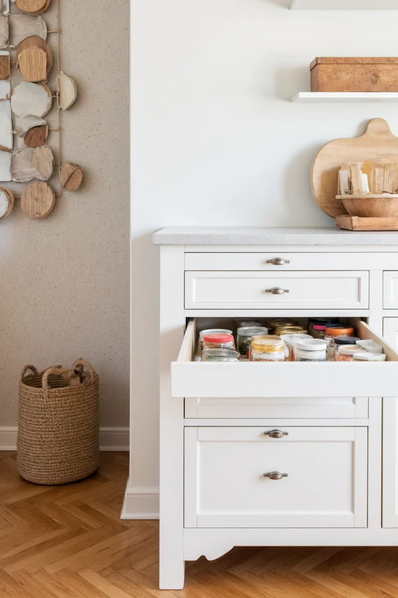 Soft-close bottom-mounted drawers in pantry