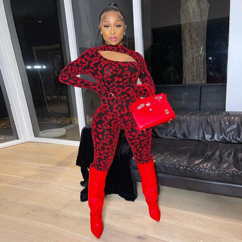 

Free Shipping R01151- Women Casual Fit Hollow Out Shiny Bling Long Sleeve Jumpsuit