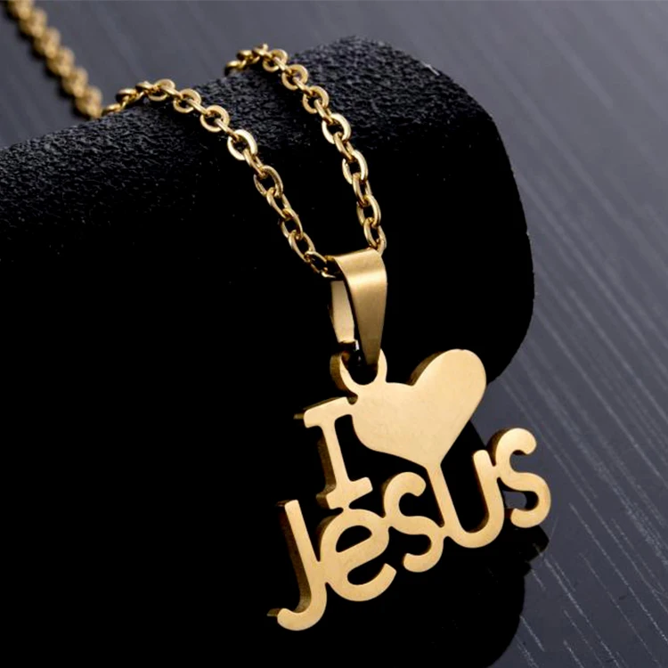 

Fashion Wholesale Gold Plated Stainless Steel I Love Jesus Pendant Women Girls Christian Necklace Jewelry, As photo