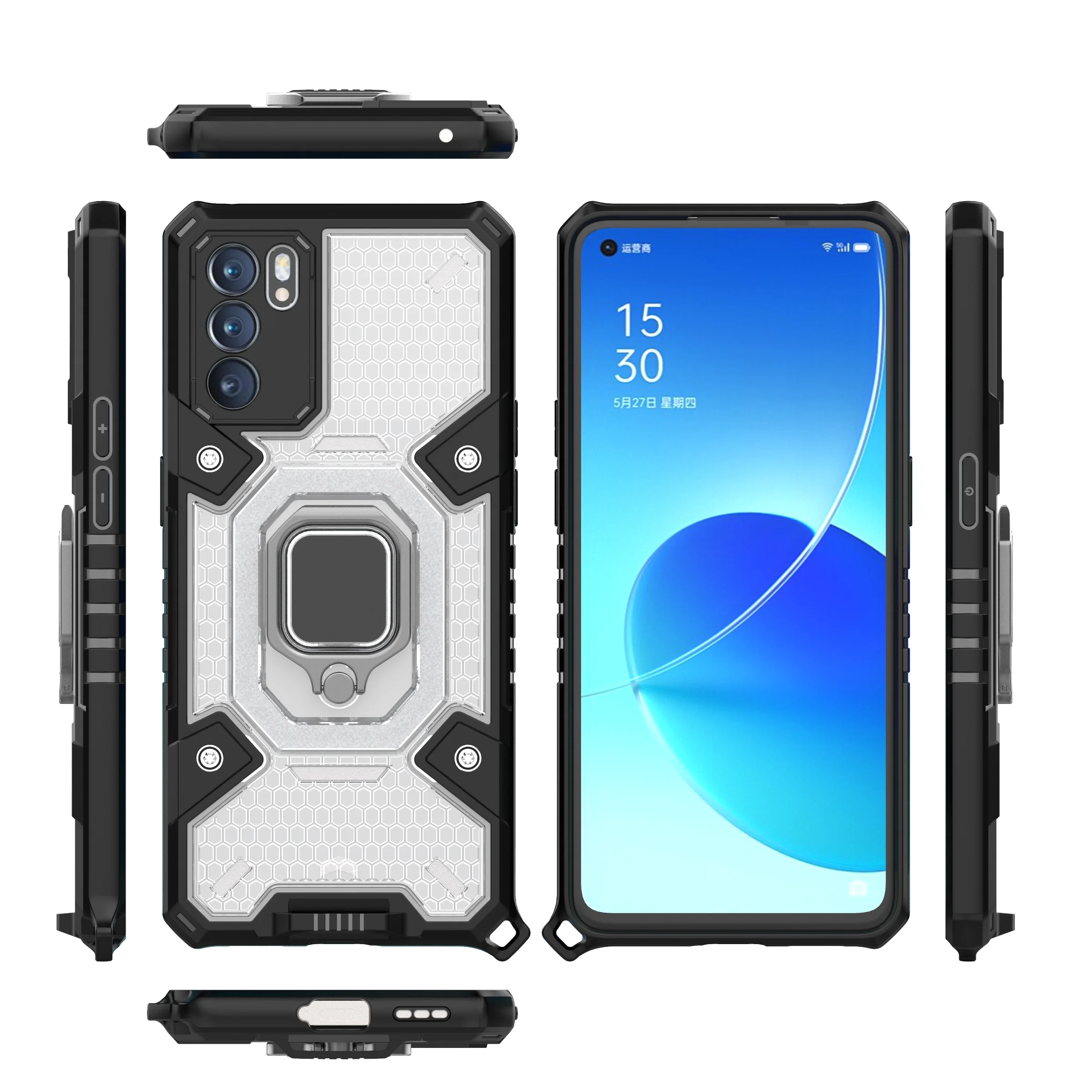 

High Quality Military Style Cellphone Cover Camera Lens Protection Phone Case With Ring Holder For OPPO Reno6, As pictures
