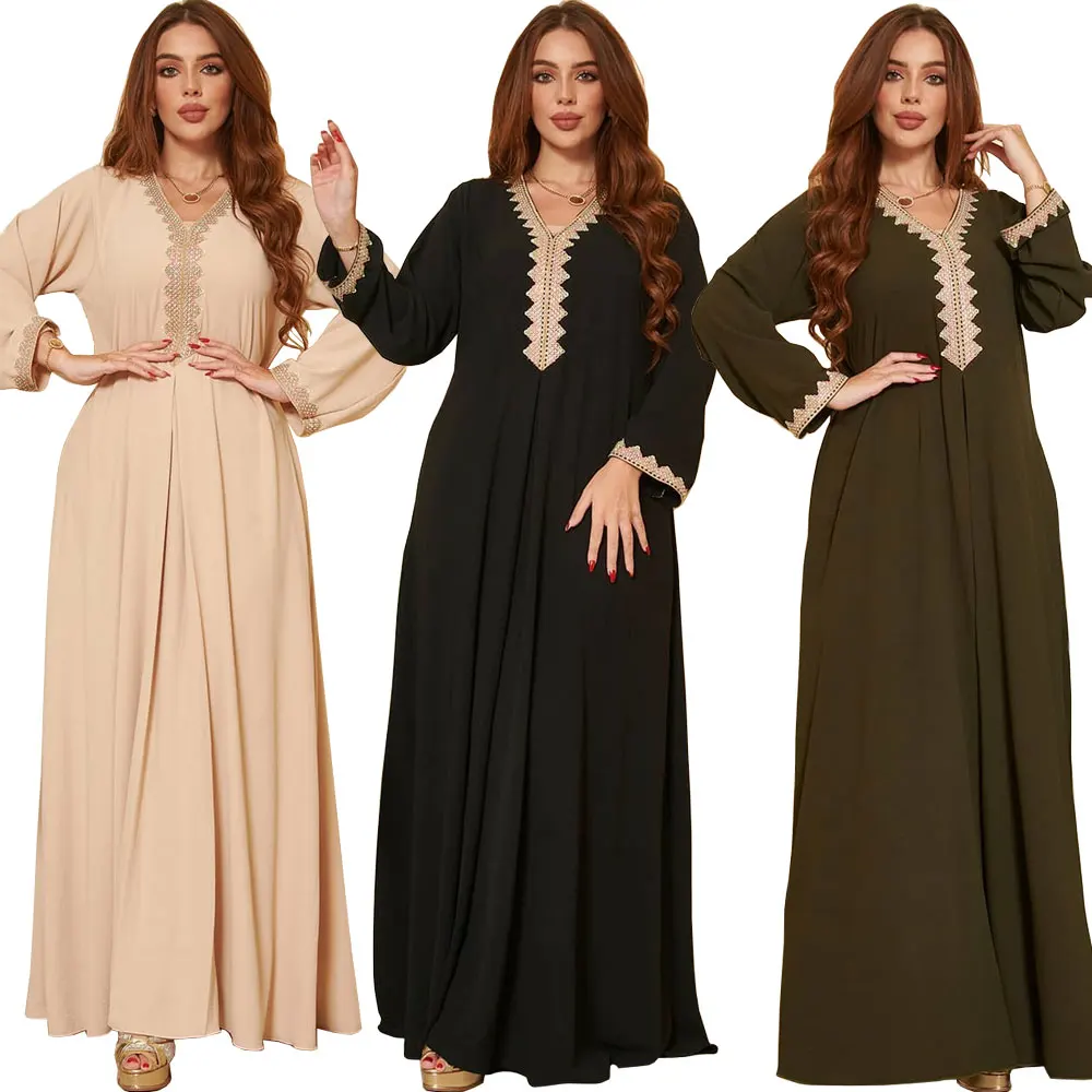 

Ethnic Brief Casual Maxi Dress 2022 Lace V Neck Loose A Line Arabic Oman Turkey Southeast Asia Middle East Islamic Women Clothes, 3 colors