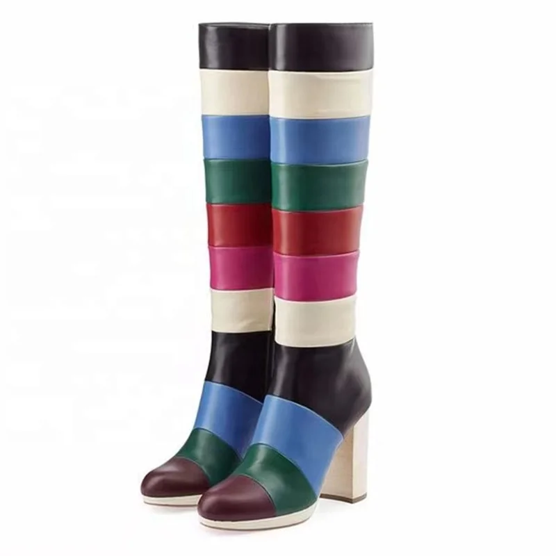 

Mixed Print New Model Heels Shoes Boots Gradient Color Fashion Women's Knee High Boots Round Toe Zip Big Size 46, Blue brown
