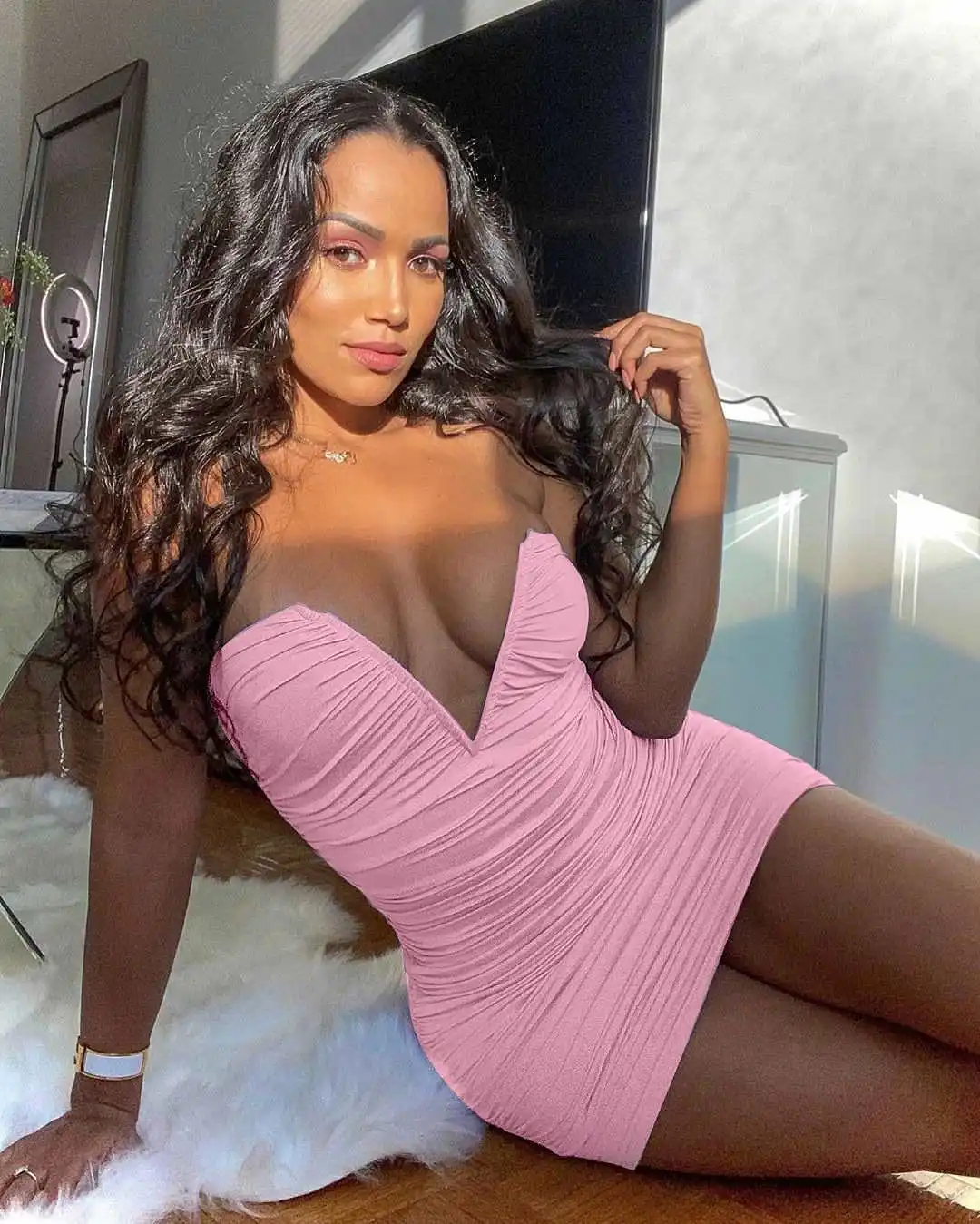 

2021Club Dresses Outfits Summer Pink V Neck Sylish Sexy Bodycon Dress Women