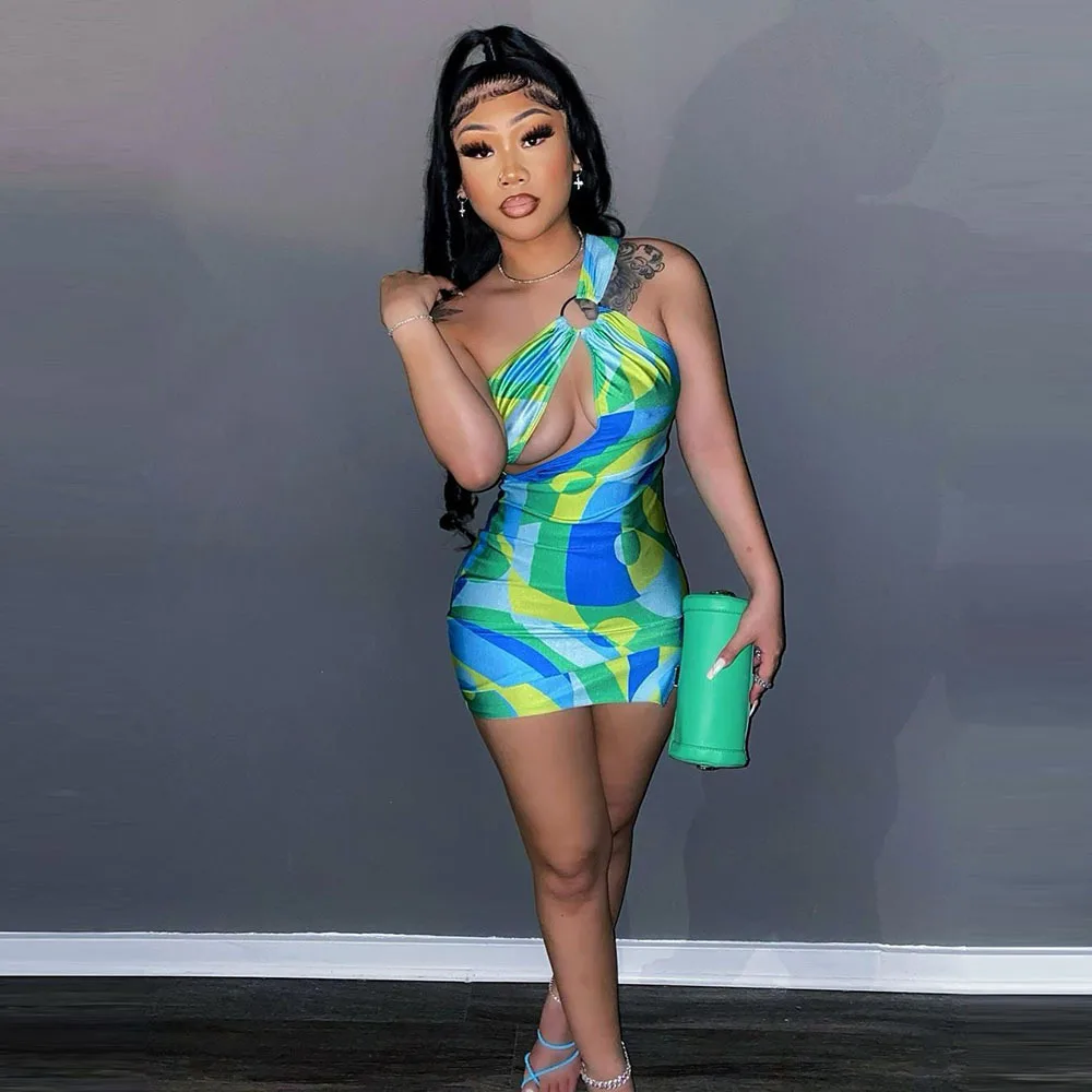 

Modish women sexy one shoulder colorful print bodycon hollow wrap beach mini dress