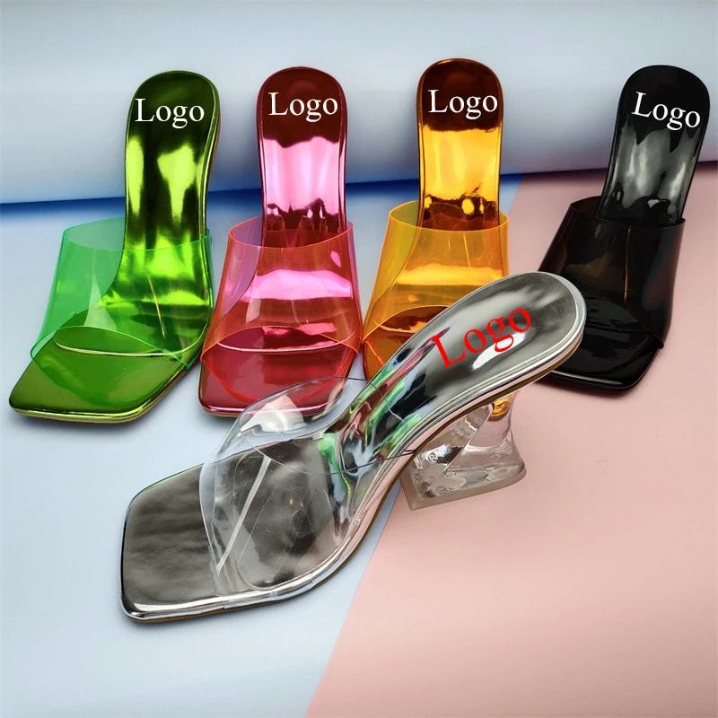 

Factory Wholesale 1 Pair Customize Logo High Heel Sandals Transparency PVC Sandals Crystal Women's Sandals