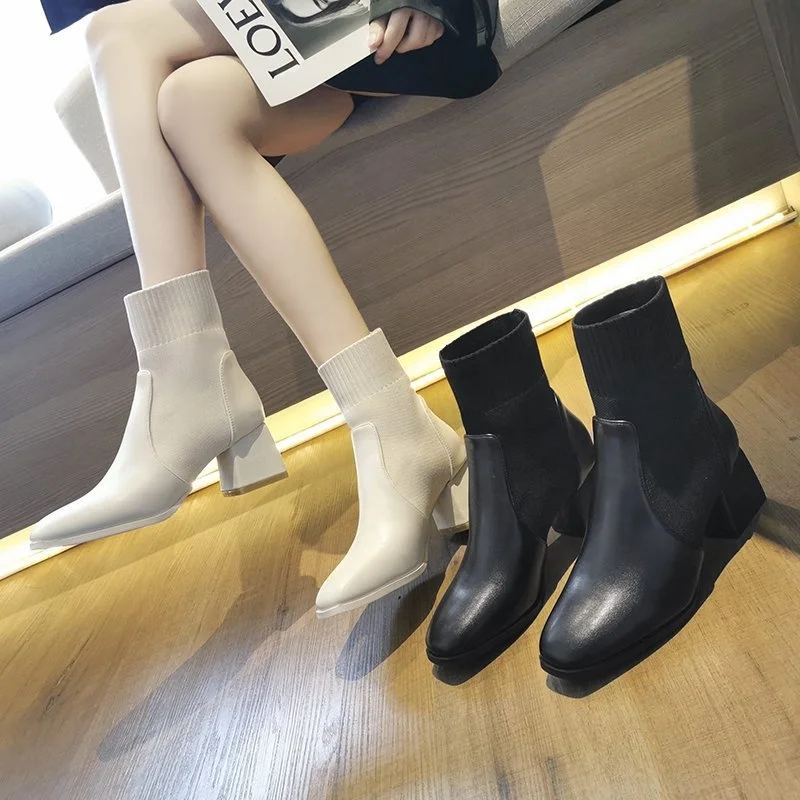 

Korean Style Versatile Square Heeled Short Boots Women'S Medium Tube Elastic Knitted Thin Boots