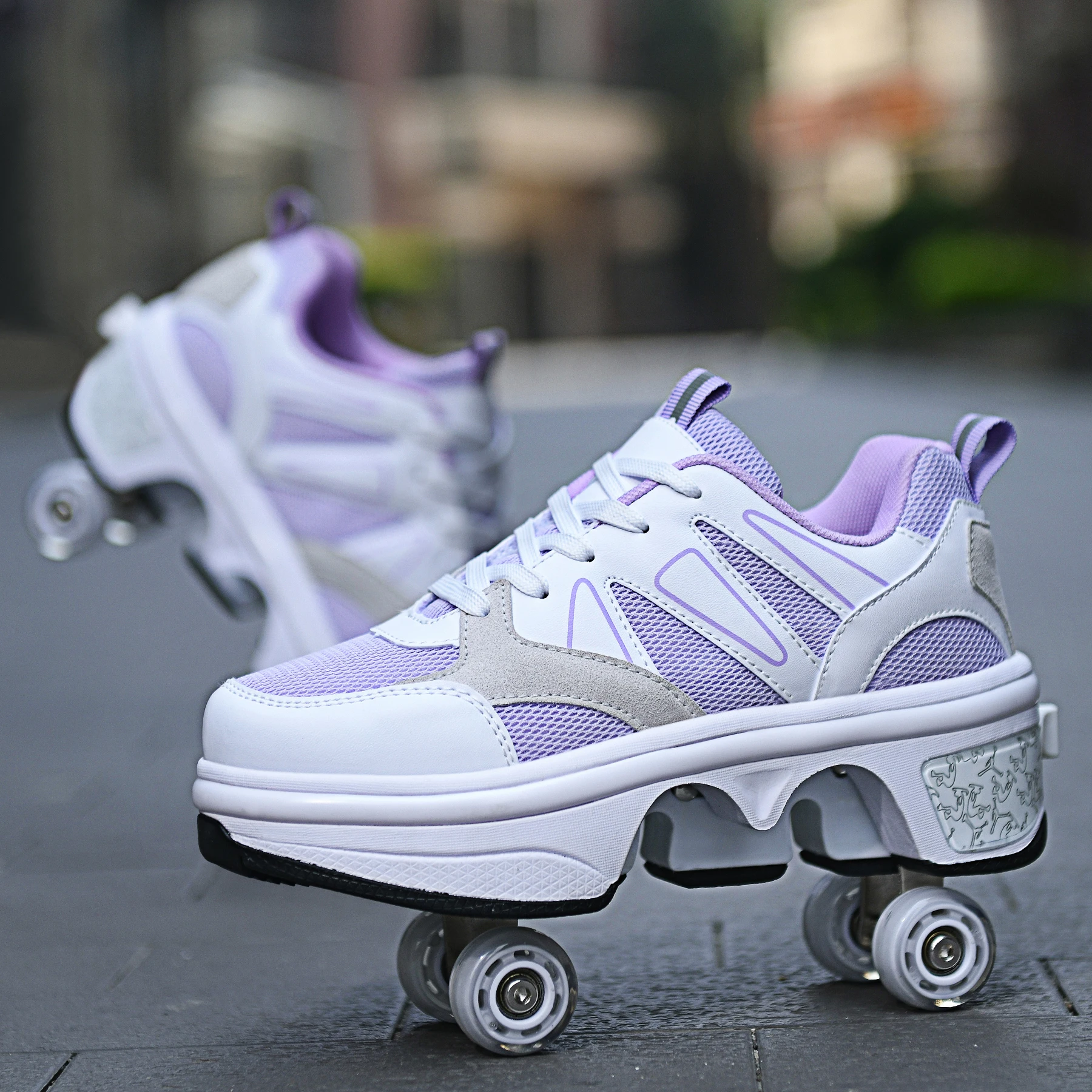 

4 Four Wheels Quad Kick Out Wheel Roller Shoes Skate , Kids Children Deformation Kick Roller Skate Shoes With Four Wheels