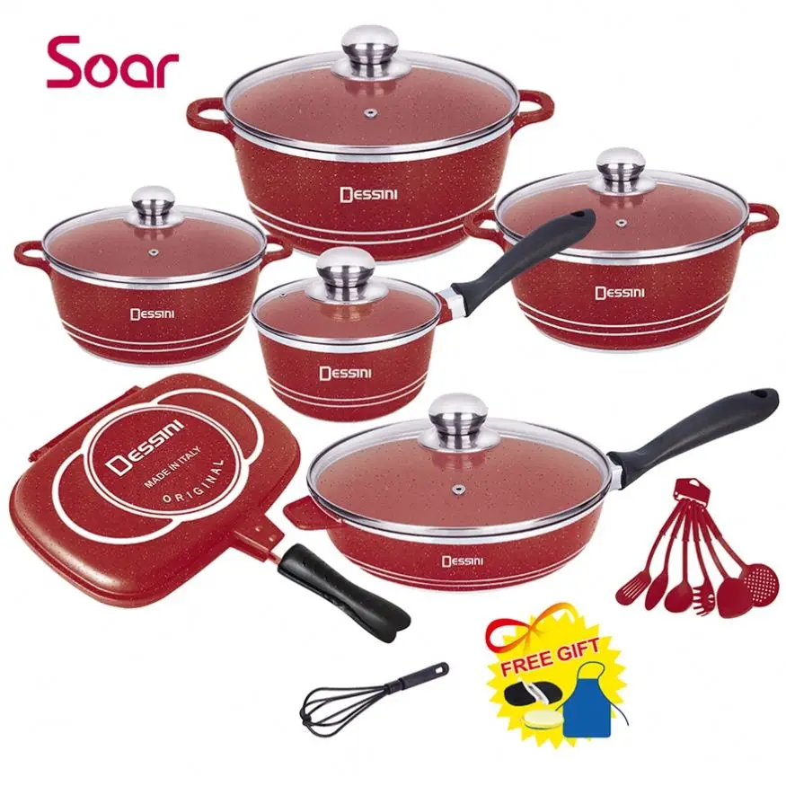 

China Factory 23Pcs Aluminum Non Stick Royal Kitchen Cookware Hot Pot Set Decorative Dessini Induction Soup Cooking Set
