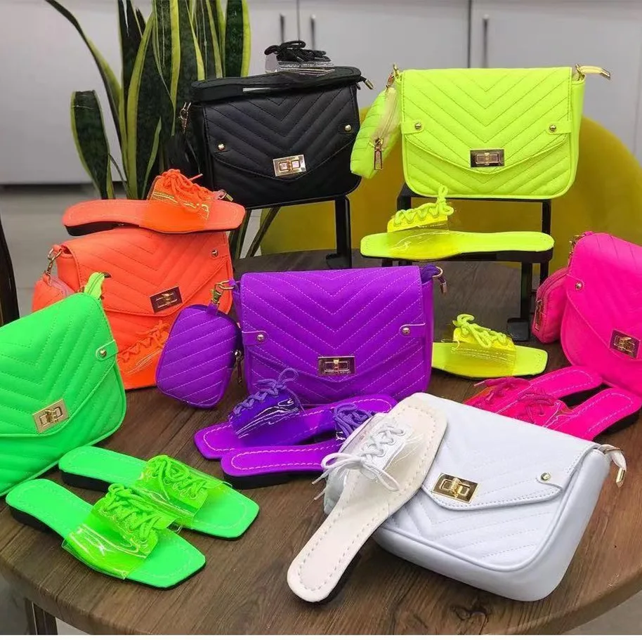 

FANLOSN New Summer Beach Plus Size Sandals Matching Slippers And Bag Women Purse Set, As the picture shown or you could customize the color you want