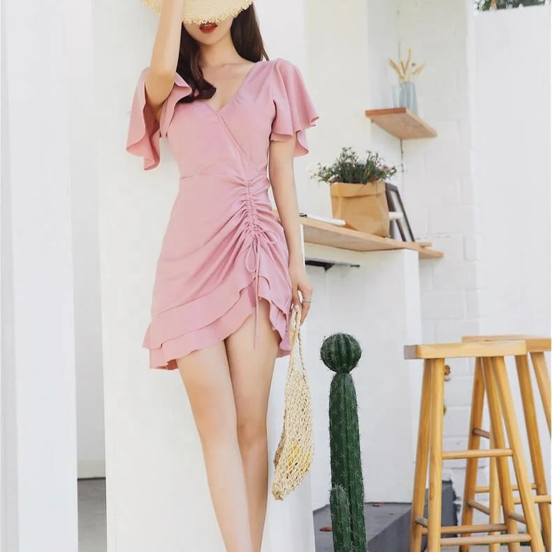 

Two-piece Skirt One-piece Pleated Casual Swimwear Solid Color One-piece Swimsuit
