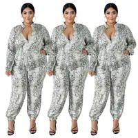 

DF909042 2020 fashion zip up long sleeve snakeskin Casual 3Xl Plus Size junmsuit