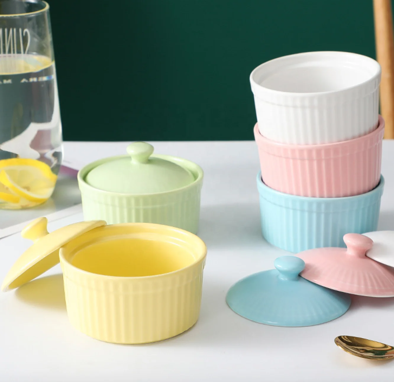 

Ceramic Macaron Baking Bowl Small Fresh Double Skin Milk Steamed Egg Bowl Pudding Cup Oven Dedicated Baking Bowl, White