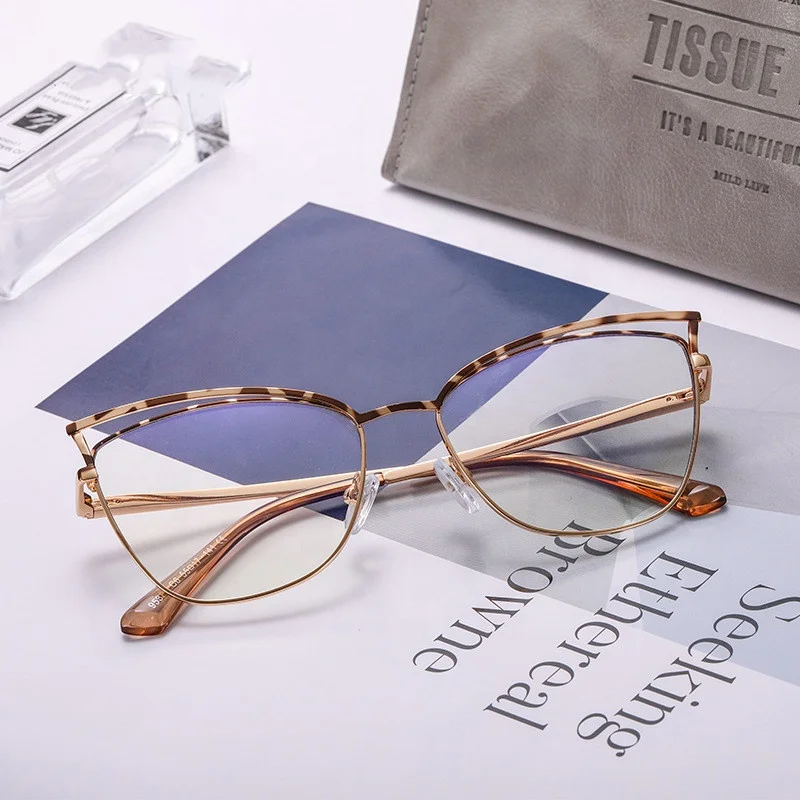 

Jiuling Eyewear new trending vintage leopard metal frame lentes de sol women cat eye blue light blocking eyeglasses frames