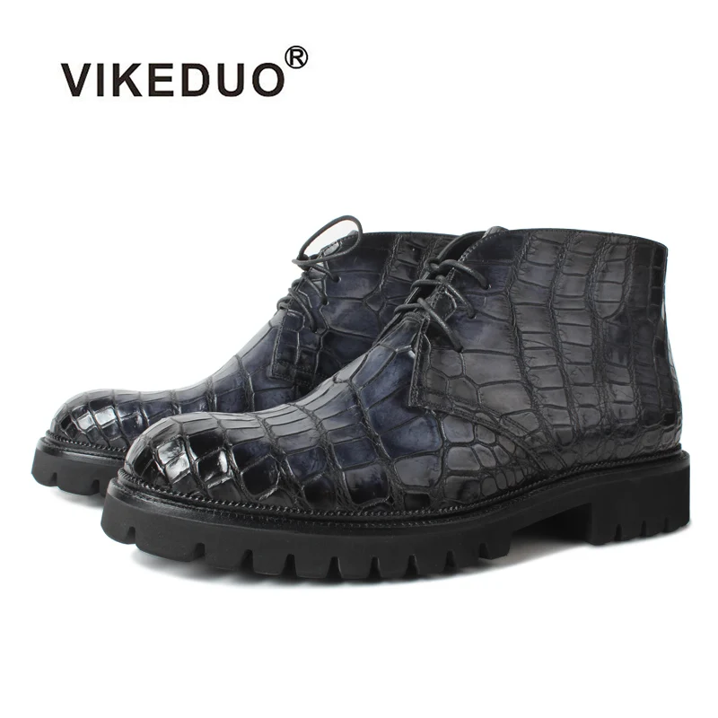 

Vikeduo Hand Made Dark Grey Crocodile Skin Italian Retro Men's Dress Shoes Leather For Men New Styles Boot