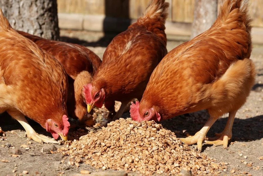 Healthy backyard chickens pecking at feed mixed with cinnamon in a sunny coop