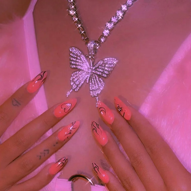 

Women Hip Hop Bling Bling Rhinestone Tennis Chain Luxury Butterfly Necklace Pendant, Gold silver