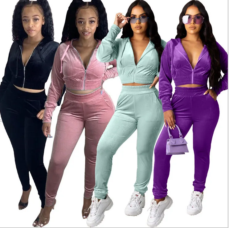 

Active Wear Velvet Hoodies Long Pants Two piece Jogging Tracksuit Women Clothing, Pink, black, light green, purple