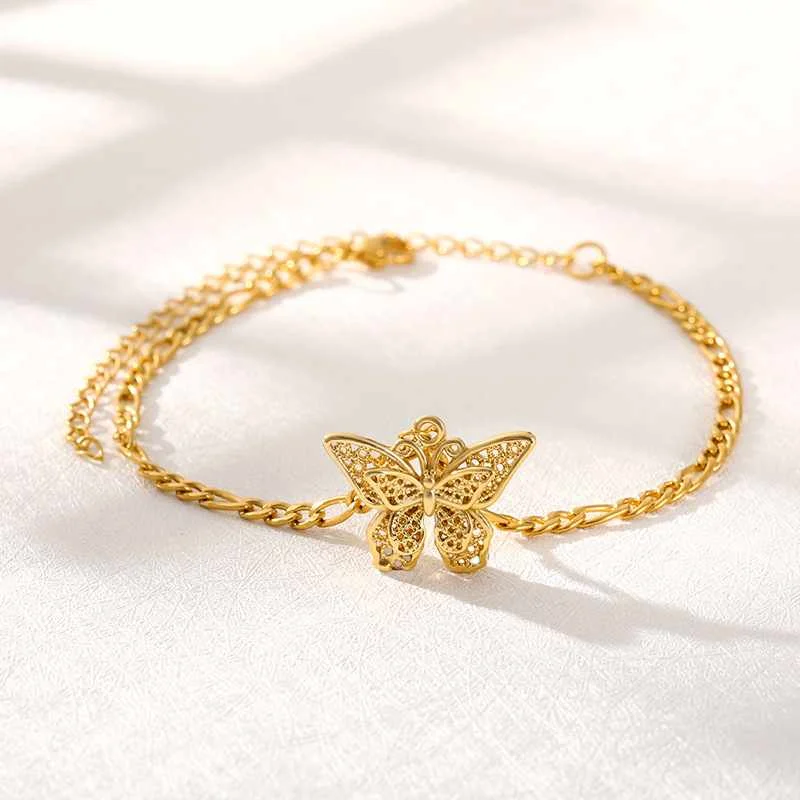 

New Retro Lady Alloy Gold Hollow Butterfly Pendant Chain Charm Bracelet Party Jewelry Female