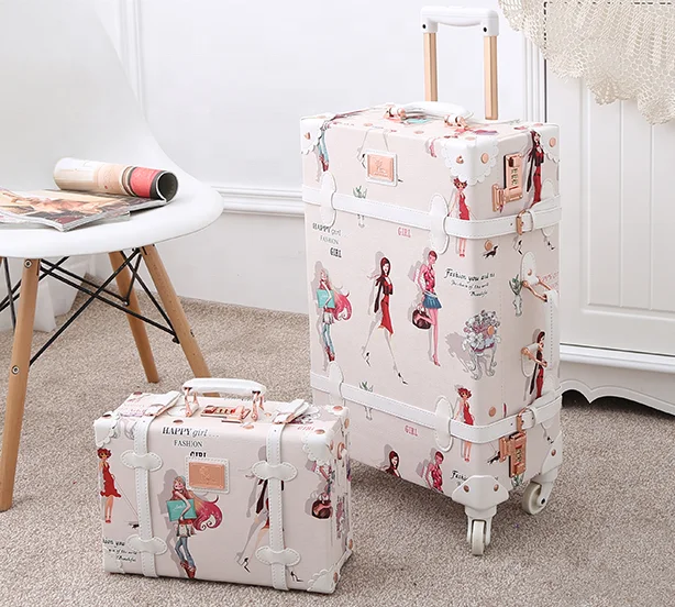 

New Style Pu Leather Vintage Suitcase Sets Rolling Trunk Luggage Trolley Case Bag Retro Suitcase Luggage For Girls