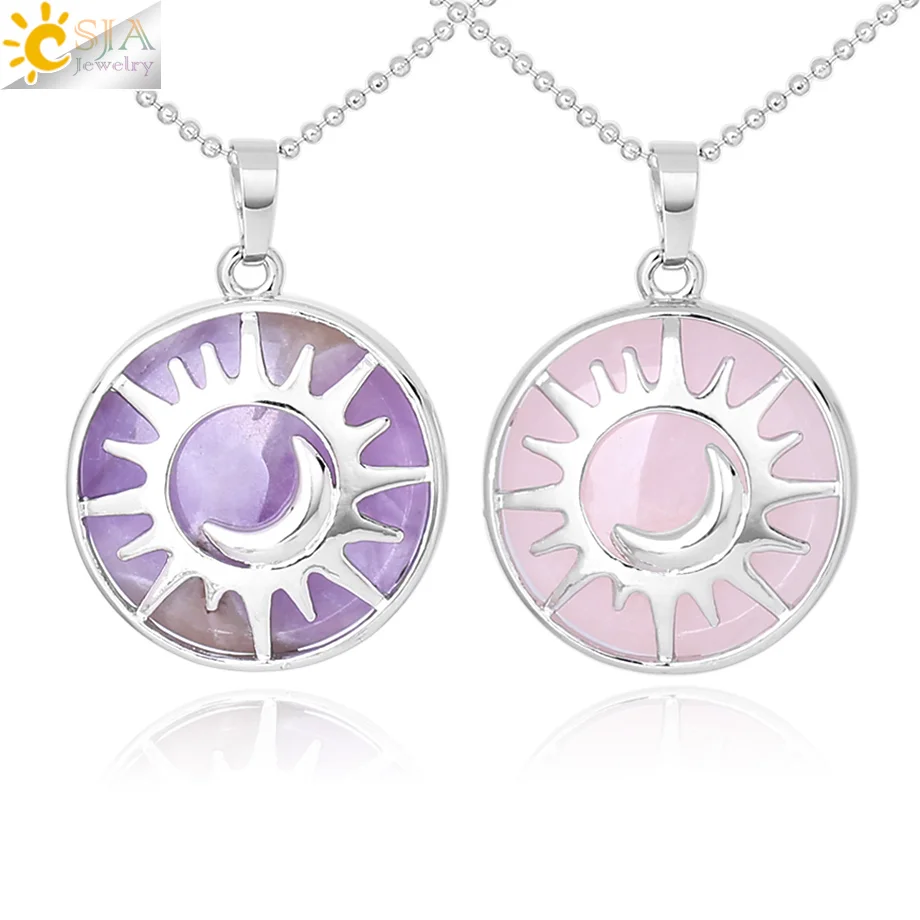 

CSJA natural stone jewelry fashion necklaces quartz crystal flat bead sun and moon necklace for women men F335