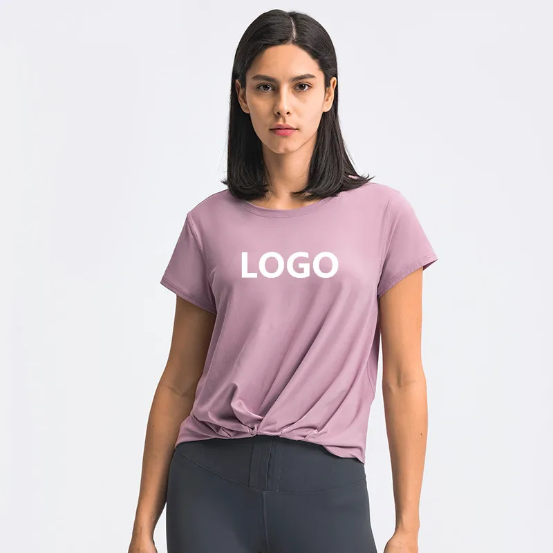 

New fashion all-match front hem pleated ladies sports t-shirt women plus size heat transfer design for t shirts