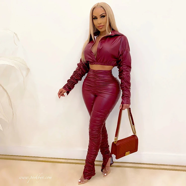 

Sexy Chic Ruched Outfits Pu Crop tops Stacked Pants Two Piece Set Women Clothing Leather Stack Pants Sets Street Wear -HY, Multi colors