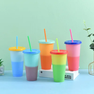 

New Arrivals Plastic Temperature Color Changing Mug 700ml Coffee Cup With Straw And Lid, Orange, yellow, blue, green, pink