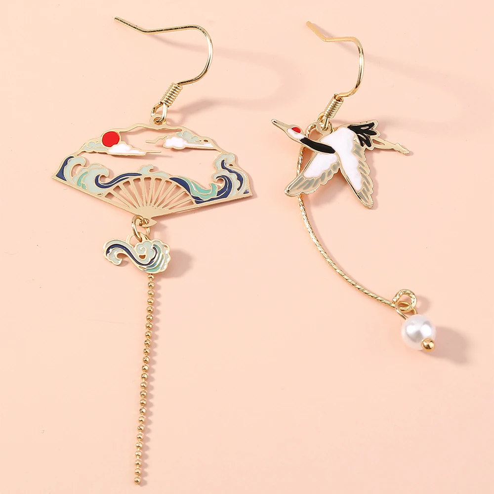 

Chinese Style Auspicious Clouds Flying Crane Hoop Dangle Earrings With Pearl Jewelry For Women, Colorful
