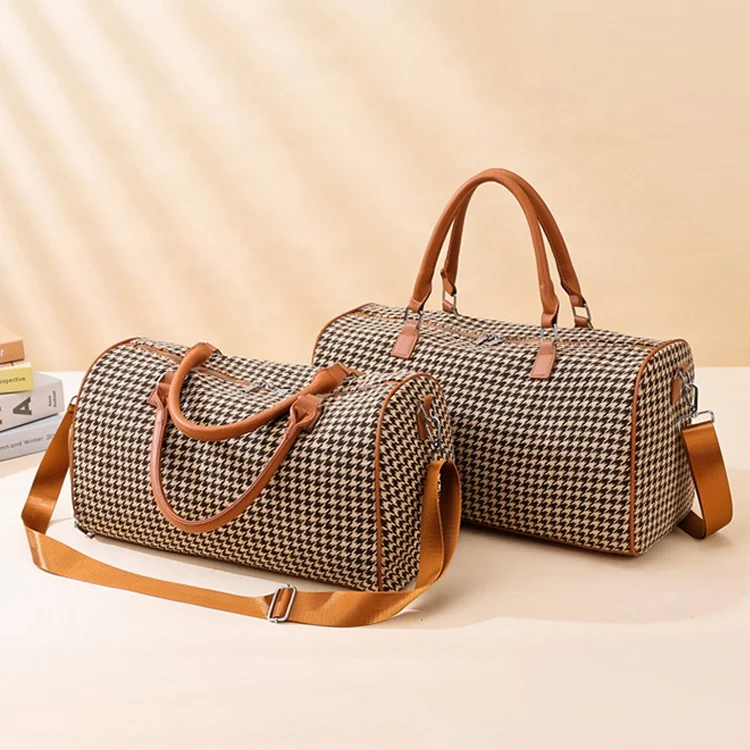 

Braided Houndstooth Luxury Khaki Travel Duffle Luggage Travel Duffel Bag with Luggage Trolley Holder Shoes Sneaker Compartment