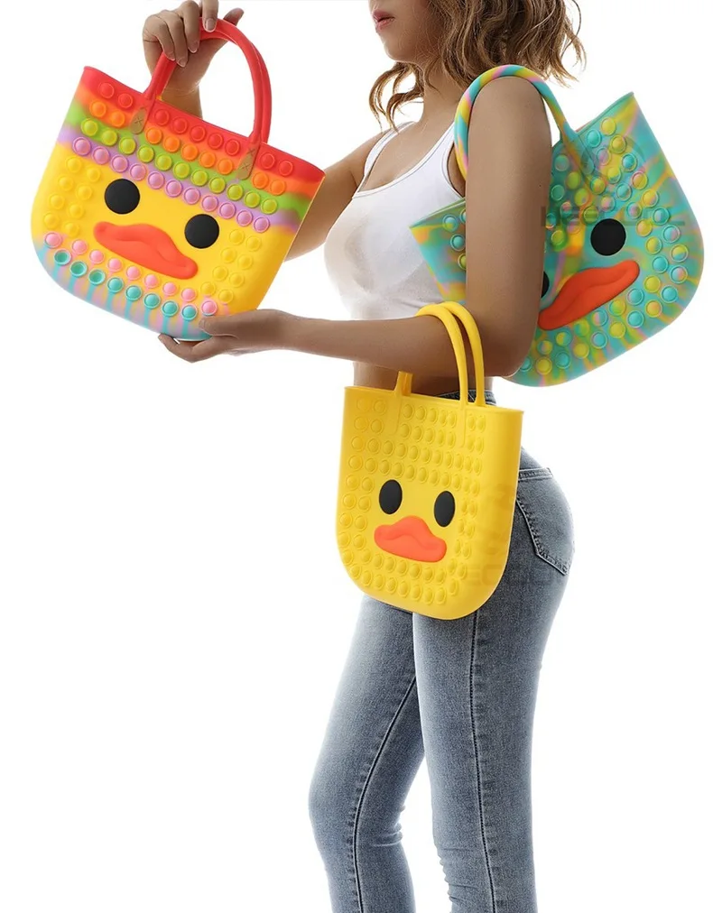 

2021 New Color Silicone Bag Kids Decompression Bubble Silicone Bag Reusablecartoon Duck Boy Girl Silicone Bag