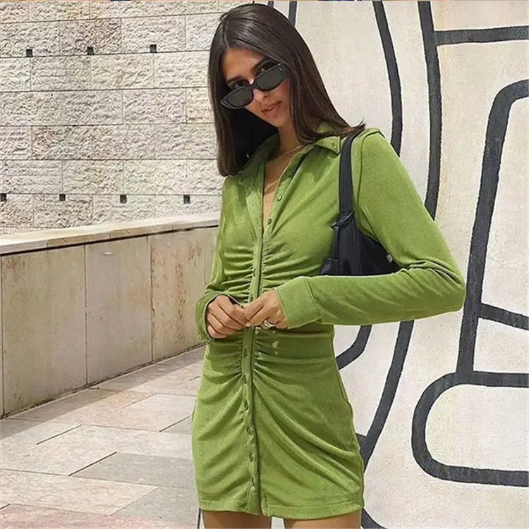 

PEARL Robe Femme 2021 Long Sleeve Button Sexy Women Casual Dress Bodycon Summer Dresses