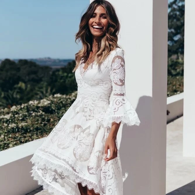 

White Lace Women Dress Long Sleeve V-neck Hollow Out Dresses Bandage Elegant Summer Boho Sundress Ladies Party Dress, Customized color