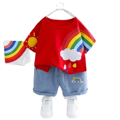 

F40369A new arrival sun rainbow round collar T-shirt jeans middle pants babies set babies clothings boys girls, As picture