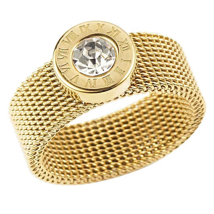 

New Fashion Stainless Steel CZ Zircon Diamond Mesh Belt Ring Minimalist Gold Plated Roman Numeral Rings Jewelry Women, Gold, rose gold, steel, black etc.