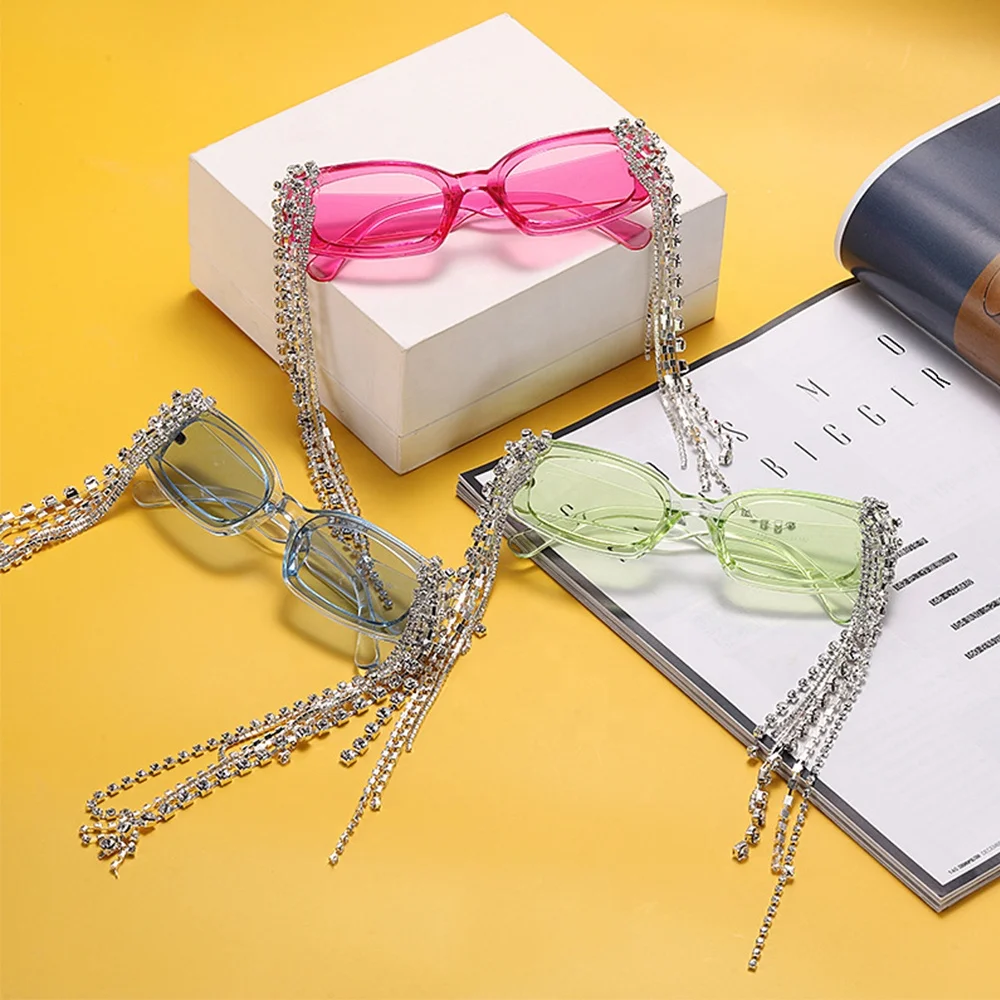 

2020 new retro hand made diamond chains small square tassel bling sunglasses crystal rhinestone for women