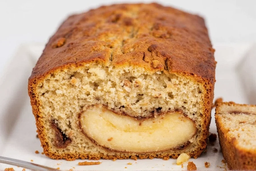Moist cinnamon roll banana bread loaf with visible cinnamon swirls and cream cheese drizzle on wooden cutting board