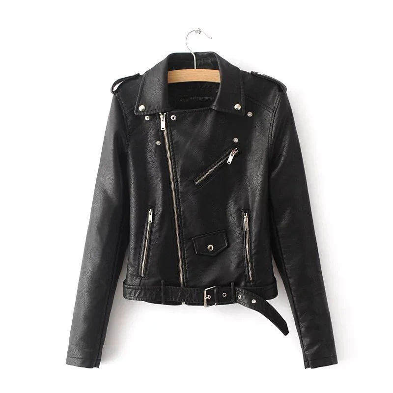 
Ladies Basic Street Coat Crop Tops Zipper Motorcycle PU Leather Jacket 