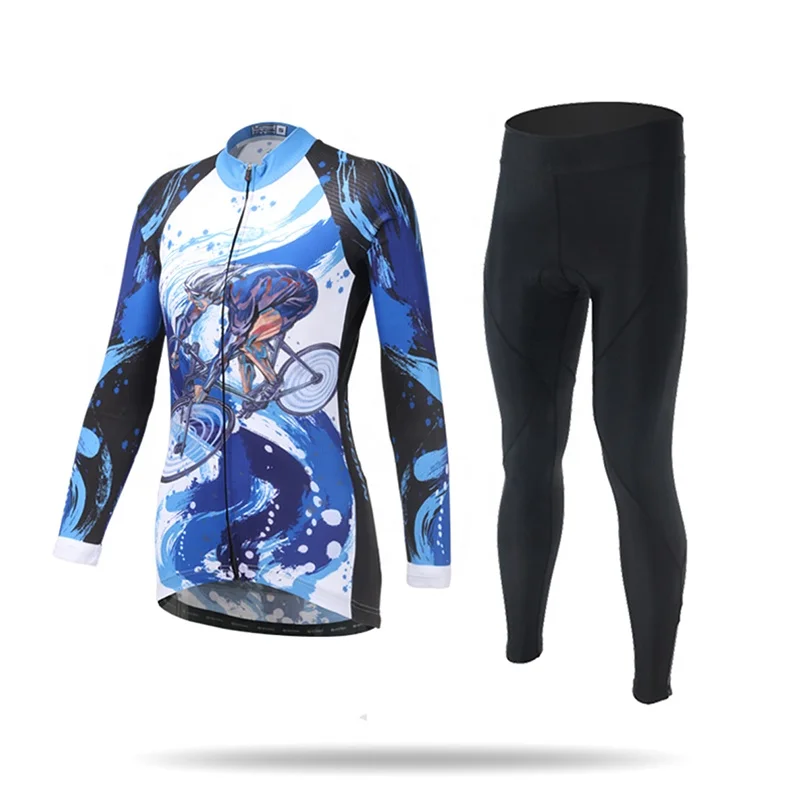 

Printing women breathable bike clothing OEM spring and autumn bicycle sports wear polyester cycling suit, Blue