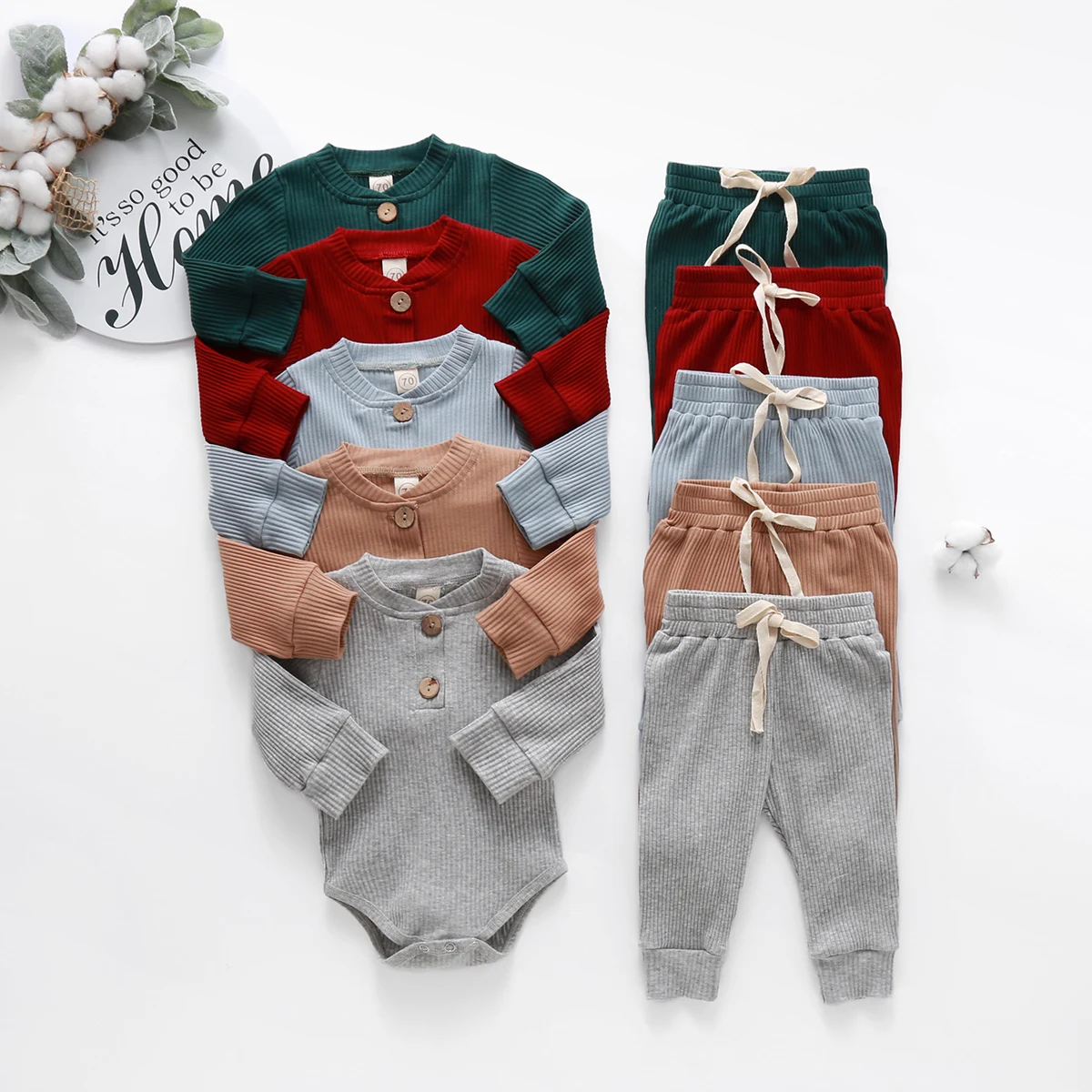 2021 Spring Autumn Infant Newborn Baby Girls Boys Ribbed Solid Clothes Sets Long Sleeve Bodysuits Elastic Pants Set, Gray/green/red