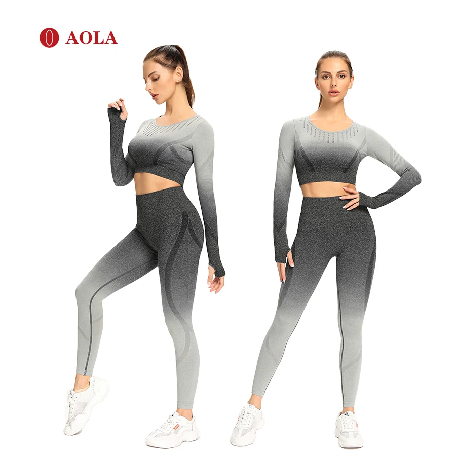 

AOLA 2020 High Waist Sports Workout Seamless Logo With Chest Pad Yoga Legging And Sport Bra Set, Picture shows