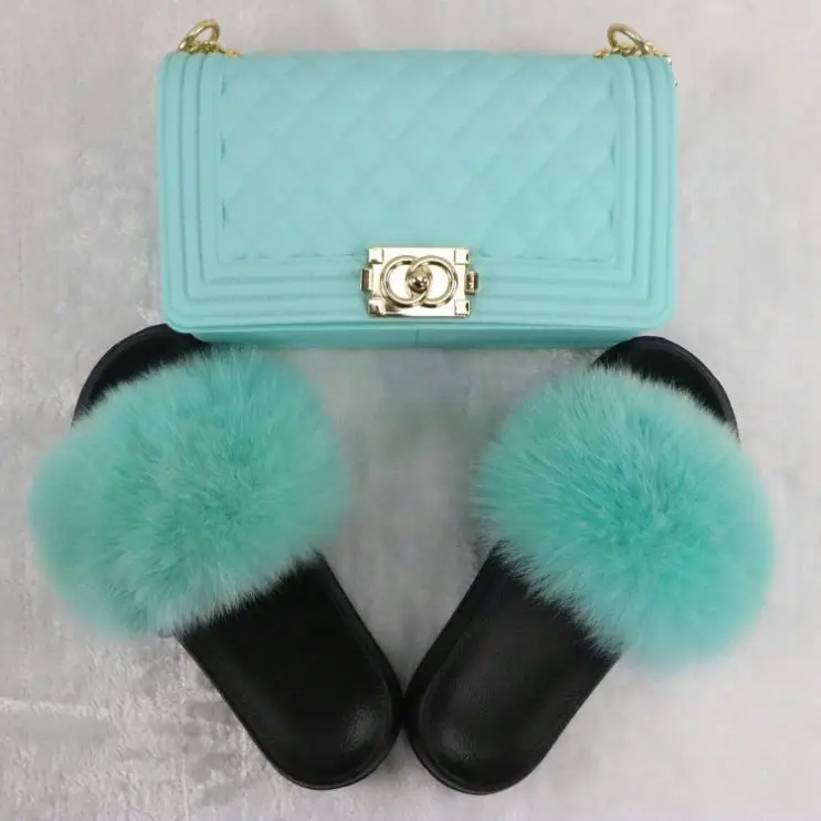 

Frosted matte diamond pattern jelly chain bag with fox fur slides with purse set, Customizable