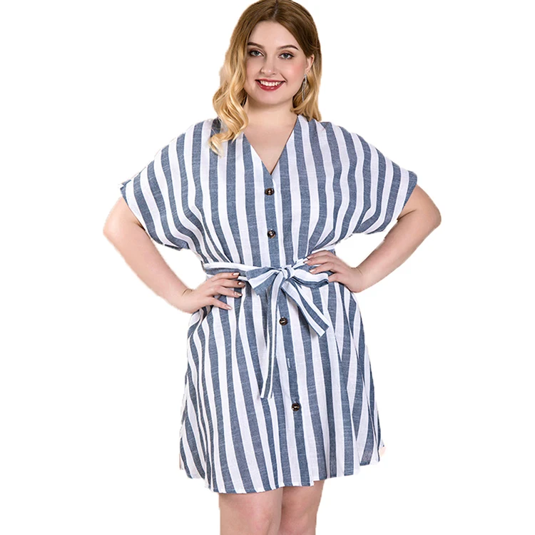 
Cotton And Linen Fabric Extreme Blue V Neck Stripe Women Summer Casual Dress Plus Size Dress 