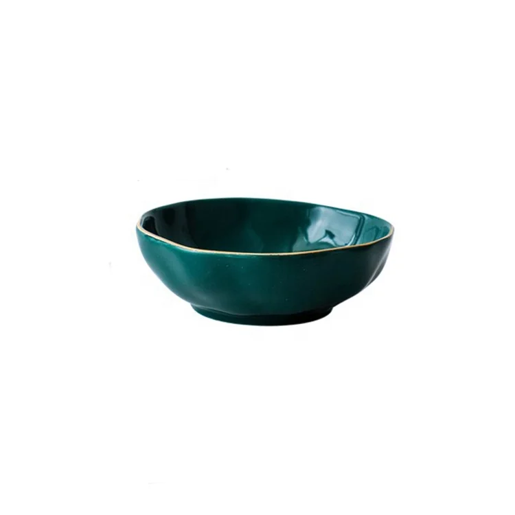 

European Style 4 Inch Glossy Green Round Ceramic Cereal Snack Plate With Gold Rim