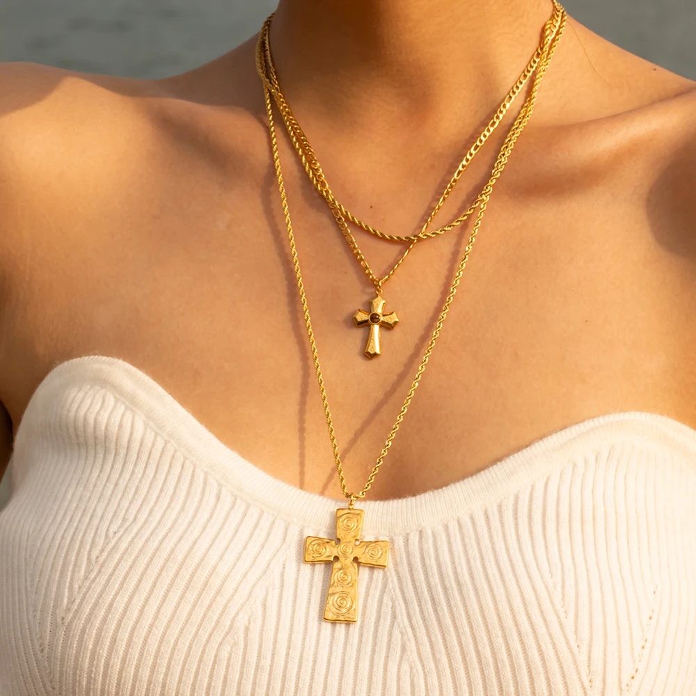 

J&D Waterproof 18k Gold Plated Stainless Steel Jewelry Gift Charm Cross Texture Layered Hammer Pendant Necklace for Women